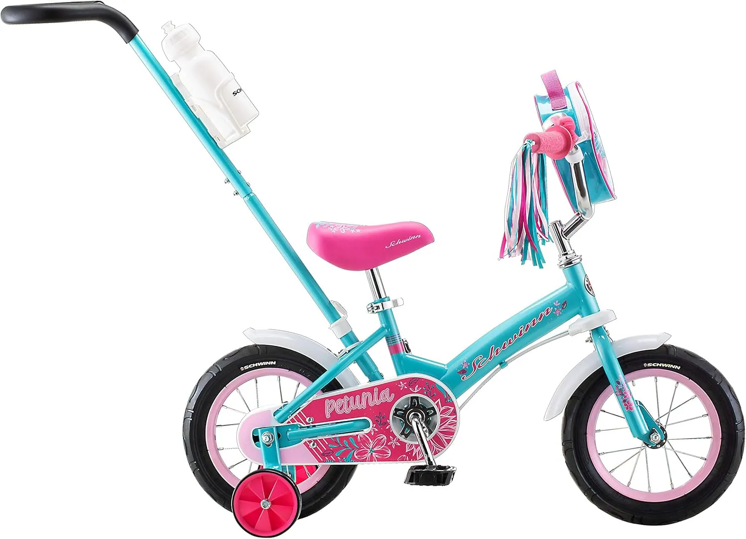 Schwinn Grit and Petunia Push Steer and Ride Kids Bike, For Boys & Girls Ages 2-4 Year Old, Rider Height 28-38 Inch, 12-Inch Wheels, Training Wheels, Detachable Push Handle with Water Bottle & Holder