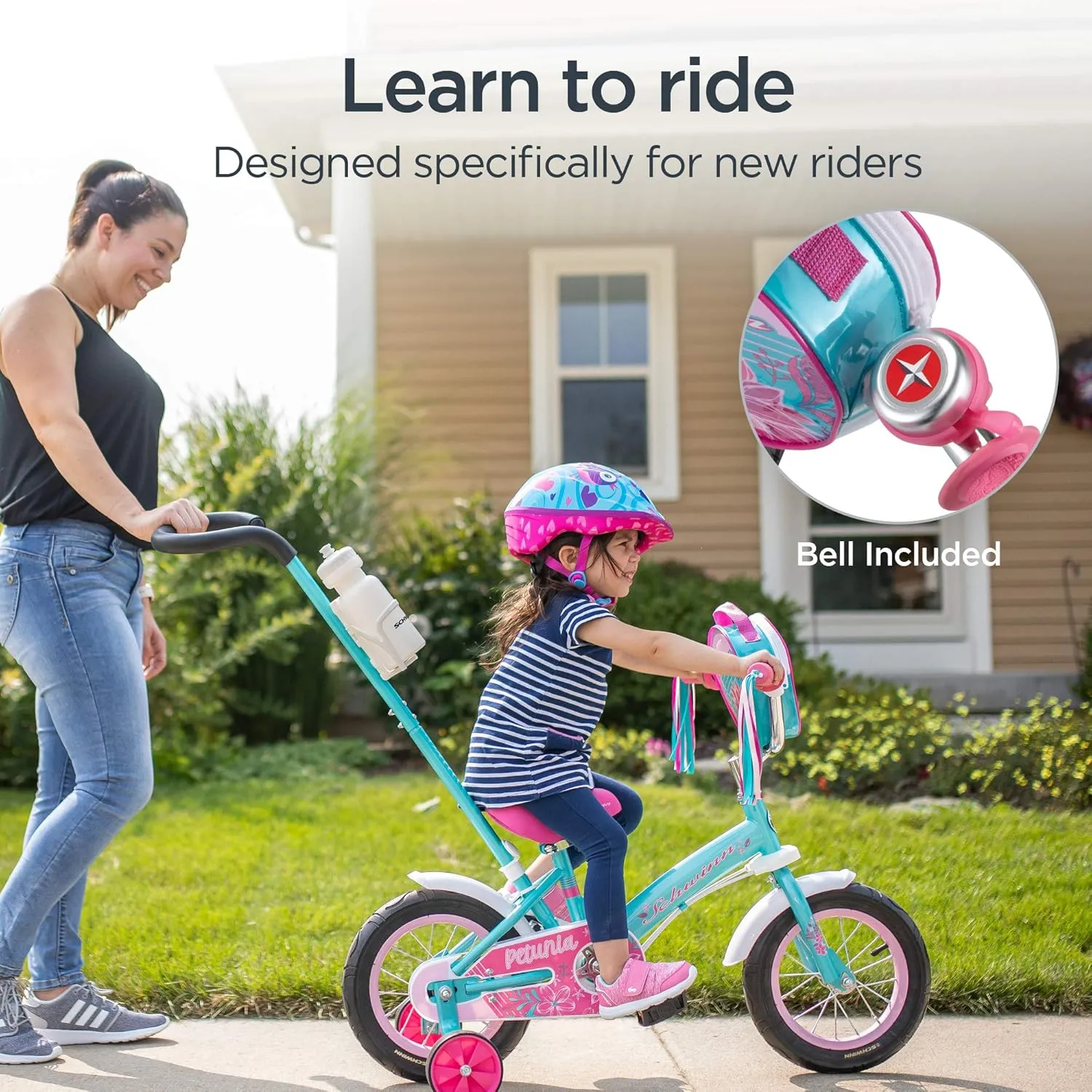 Schwinn Grit and Petunia Push Steer and Ride Kids Bike, For Boys & Girls Ages 2-4 Year Old, Rider Height 28-38 Inch, 12-Inch Wheels, Training Wheels, Detachable Push Handle with Water Bottle & Holder