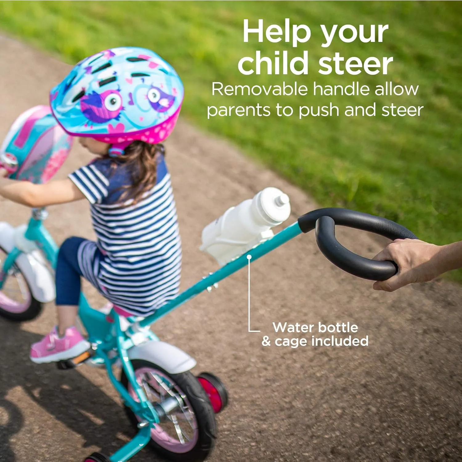 Schwinn Grit and Petunia Push Steer and Ride Kids Bike, For Boys & Girls Ages 2-4 Year Old, Rider Height 28-38 Inch, 12-Inch Wheels, Training Wheels, Detachable Push Handle with Water Bottle & Holder