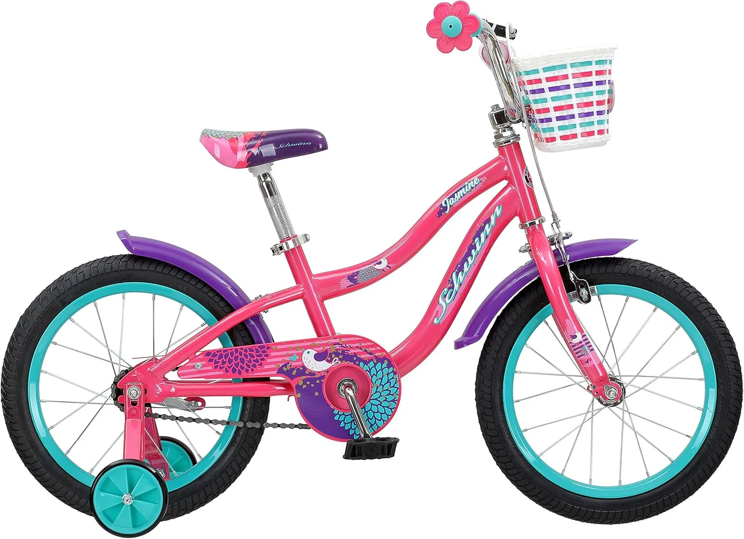 Schwinn Jasmine Kids Bike with Training Wheels, 16-Inch Wheels, Boys and Girls Ages 3-5 Years Old, Basket, Coaster and Hand Brakes, Perfect for Young Riders