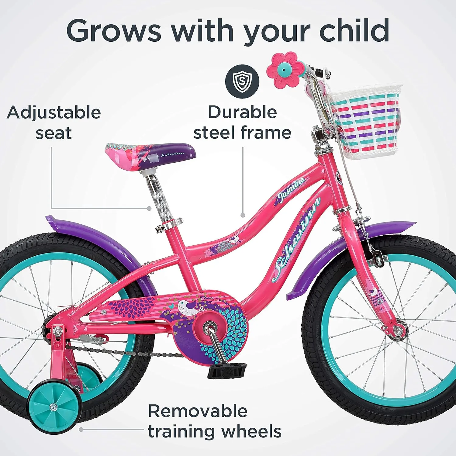 Schwinn Jasmine Kids Bike with Training Wheels, 16-Inch Wheels, Boys and Girls Ages 3-5 Years Old, Basket, Coaster and Hand Brakes, Perfect for Young Riders