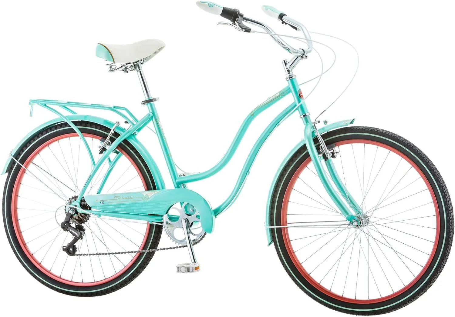 Schwinn Perla Cruiser Bike, 26 Inch Bike for Women and Men, 7-Speed Beach Cruiser Bicycle, Linear Pull Brakes, Comfortable Quilted Seat, Upright Riding Position, Adult Bicycle