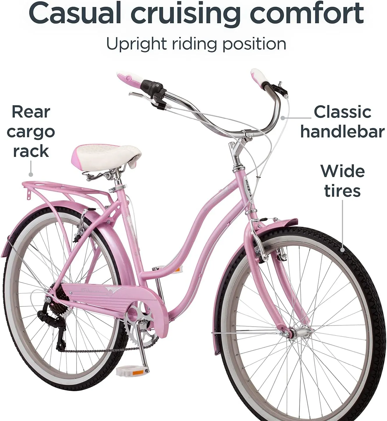 Schwinn Perla Cruiser Bike, 26 Inch Bike for Women and Men, 7-Speed Beach Cruiser Bicycle, Linear Pull Brakes, Comfortable Quilted Seat, Upright Riding Position, Adult Bicycle