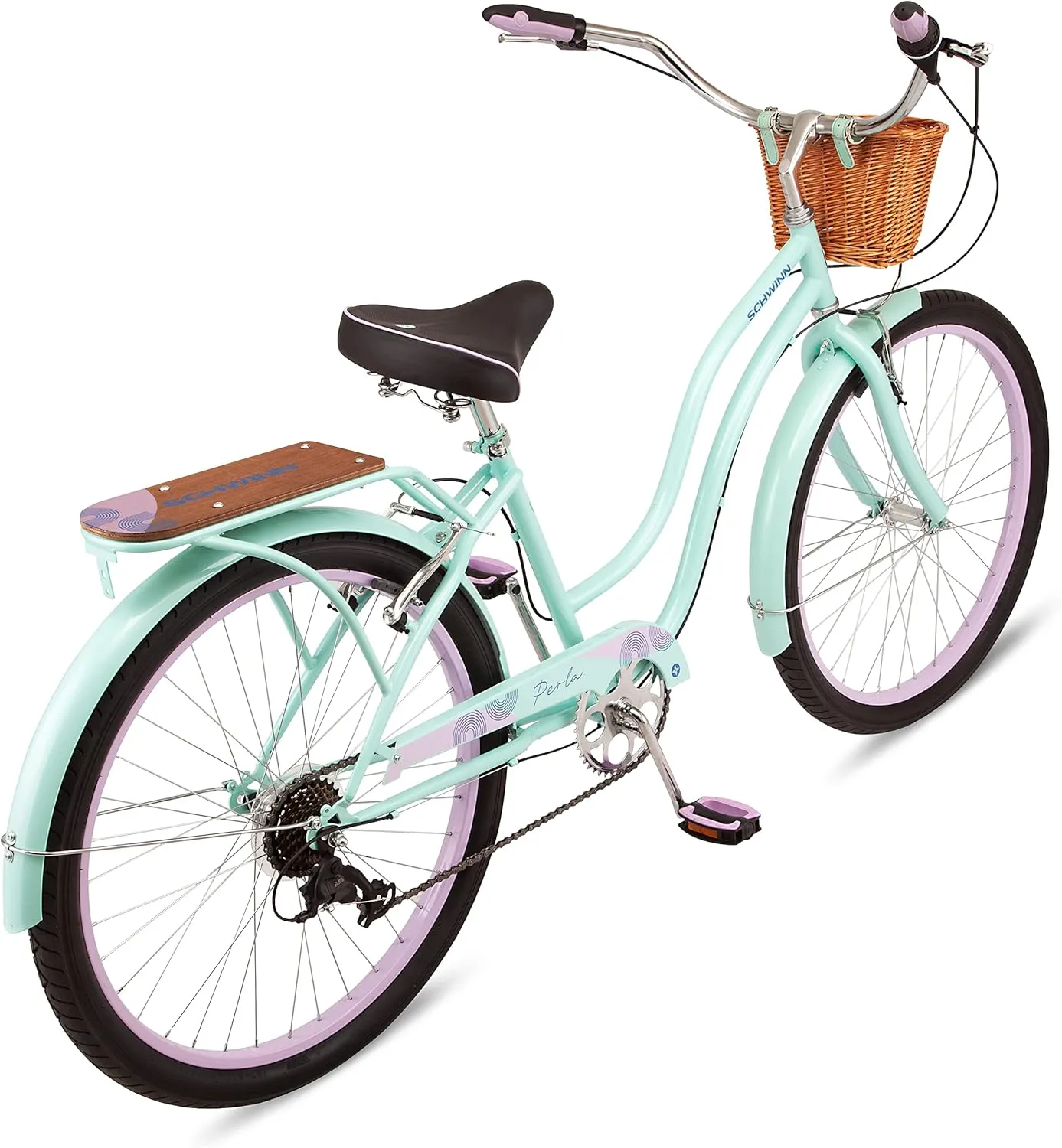 Schwinn Perla Cruiser Bike, 26 Inch Bike for Women and Men, 7-Speed Beach Cruiser Bicycle, Linear Pull Brakes, Comfortable Quilted Seat, Upright Riding Position, Adult Bicycle