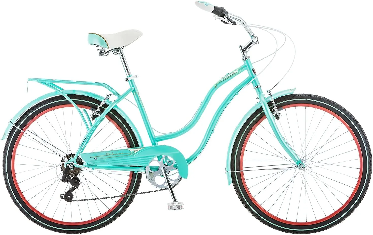 Schwinn Perla Cruiser Bike, 26 Inch Bike for Women and Men, 7-Speed Beach Cruiser Bicycle, Linear Pull Brakes, Comfortable Quilted Seat, Upright Riding Position, Adult Bicycle