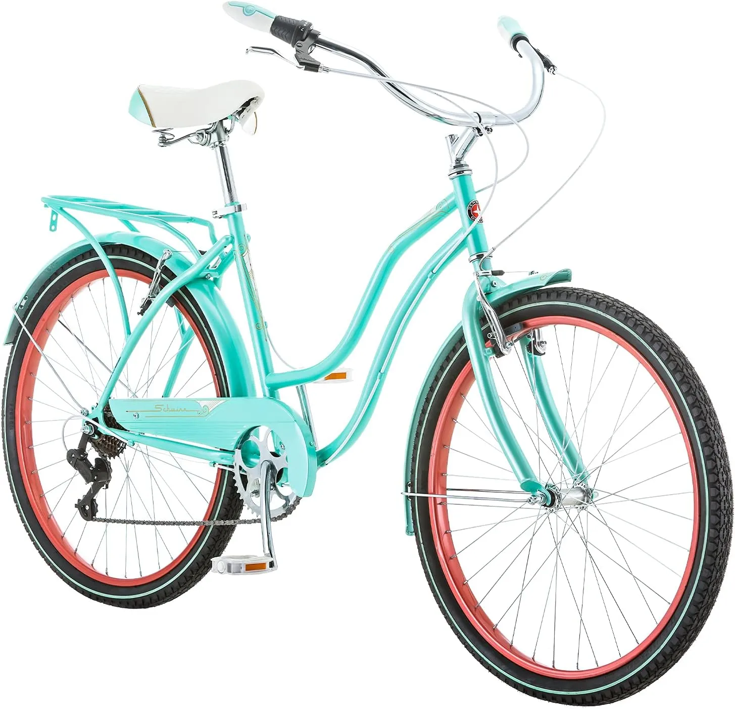 Schwinn Perla Cruiser Bike, 26 Inch Bike for Women and Men, 7-Speed Beach Cruiser Bicycle, Linear Pull Brakes, Comfortable Quilted Seat, Upright Riding Position, Adult Bicycle