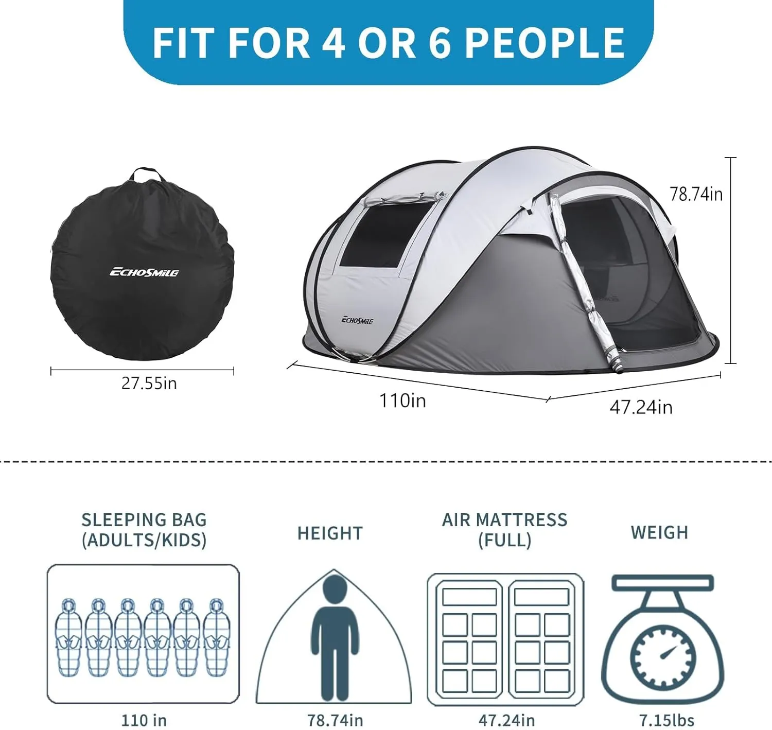 Screened Camping Tent,4-6 Persons Pop-Up Weatherproof Instant Tent, Easy Setup, Spacious Room, Camping Tent Equipment, Boat Tent for Camping, Festivals, Backyard, Sleepovers