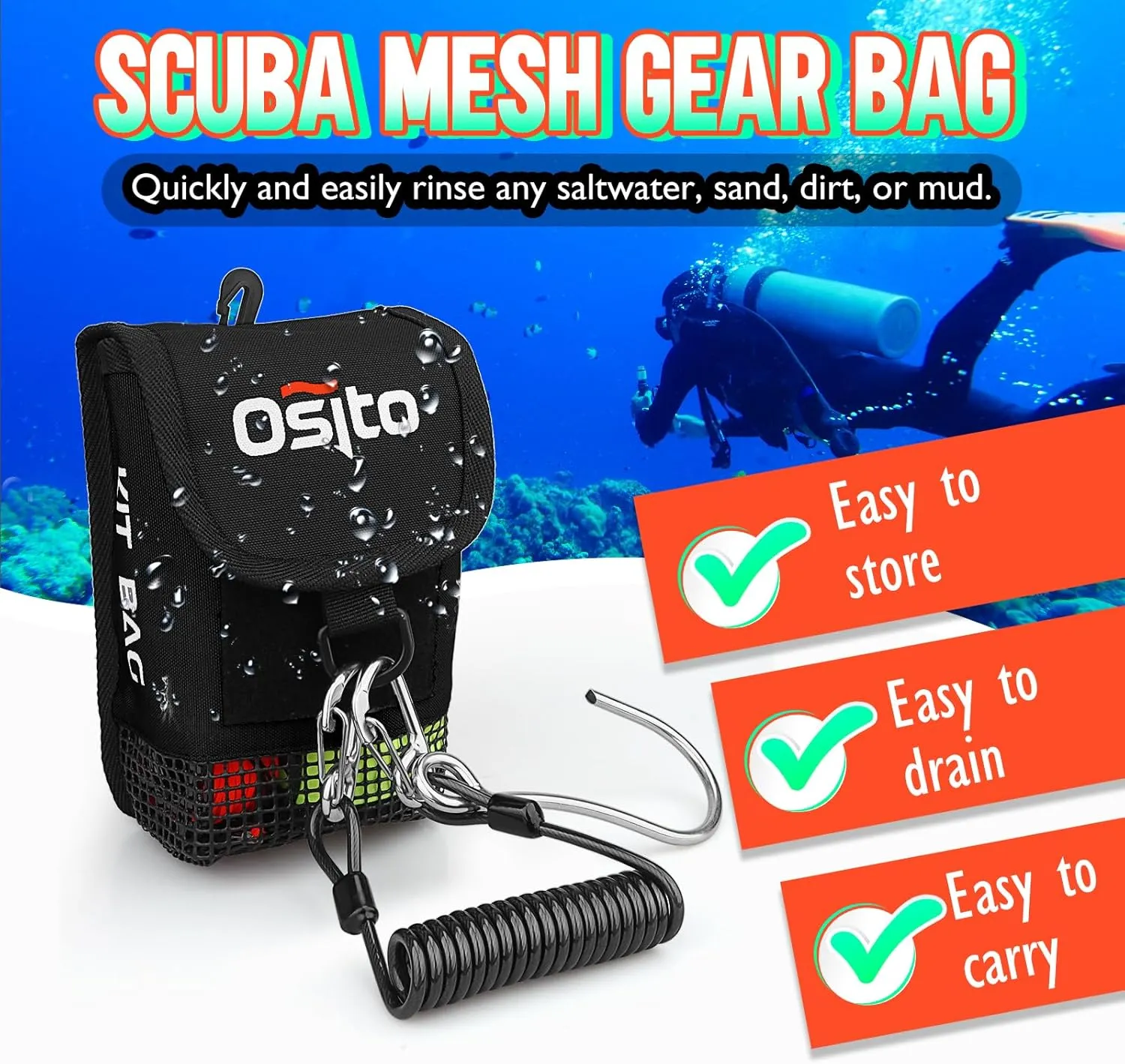 Scuba Mesh Gear Bag, Small Diving Gear Mesh Dry Pocket Carry Pouch With Swivel Clip, Hook & Loop Tape And D-Ring For Storing Safety Surface Marker Buoy, Finger Reel, Bolt Snap, Accessories