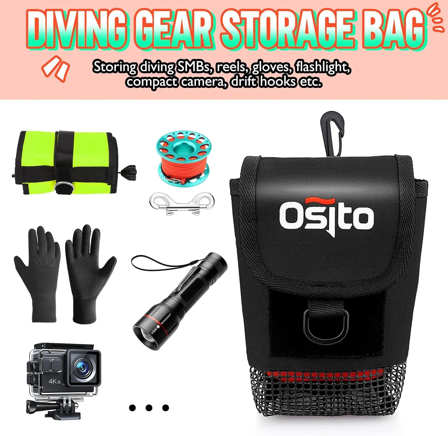 Scuba Mesh Gear Bag, Small Diving Gear Mesh Dry Pocket Carry Pouch With Swivel Clip, Hook & Loop Tape And D-Ring For Storing Safety Surface Marker Buoy, Finger Reel, Bolt Snap, Accessories
