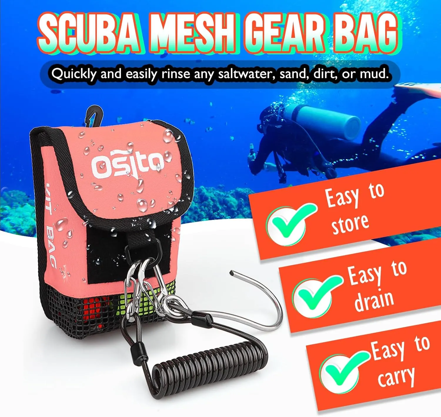 Scuba Mesh Gear Bag, Small Diving Gear Mesh Dry Pocket Carry Pouch With Swivel Clip, Hook & Loop Tape And D-Ring For Storing Safety Surface Marker Buoy, Finger Reel, Bolt Snap, Accessories
