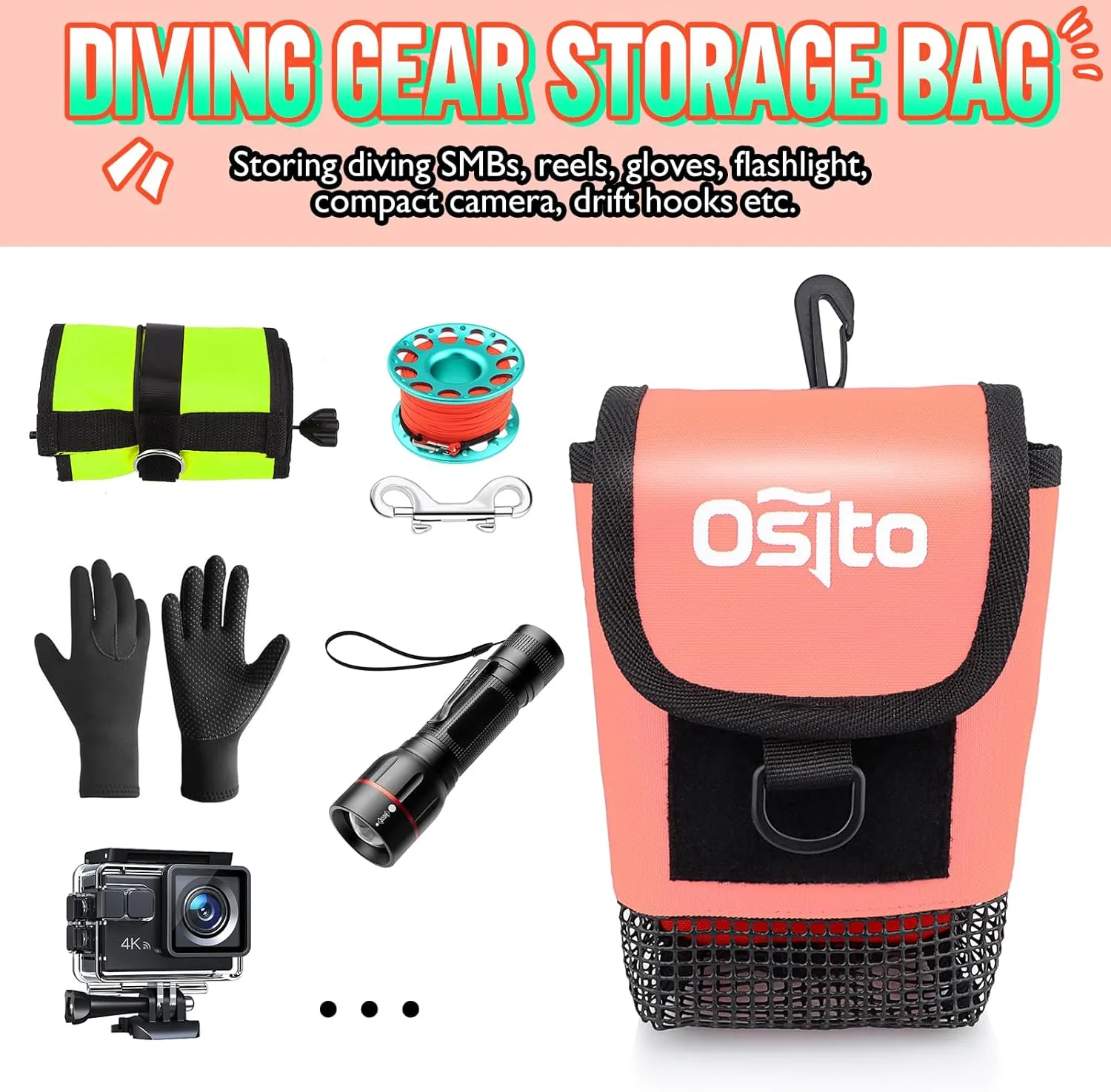 Scuba Mesh Gear Bag, Small Diving Gear Mesh Dry Pocket Carry Pouch With Swivel Clip, Hook & Loop Tape And D-Ring For Storing Safety Surface Marker Buoy, Finger Reel, Bolt Snap, Accessories