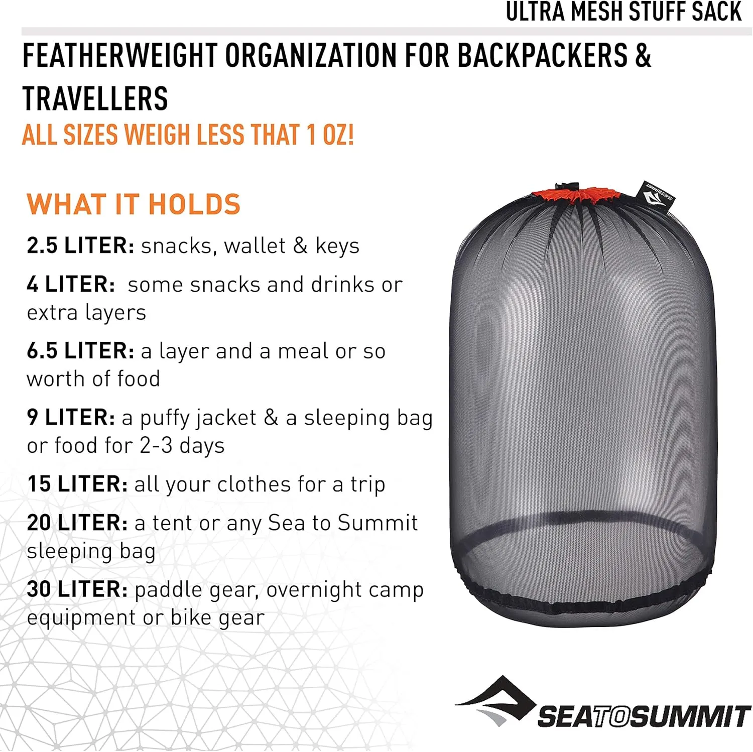 Sea to Summit Ultra-Mesh Stuff Sack, Featherweight Outdoor and Travel Storage