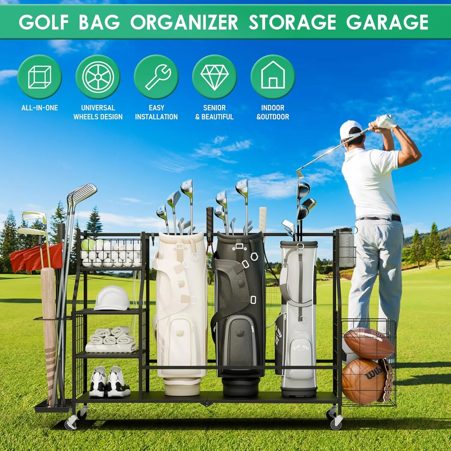 SEALAMB Golf Bag Storage Organizer, Golf Bag and Equipment Storage Rack with Wheels, Golf Bag Organizer with Side Storage for Golf Equipment Accessories
