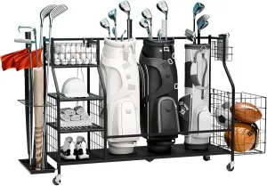 SEALAMB Golf Bag Storage Organizer, Golf Bag and Equipment Storage Rack with Wheels, Golf Bag Organizer with Side Storage for Golf Equipment Accessories