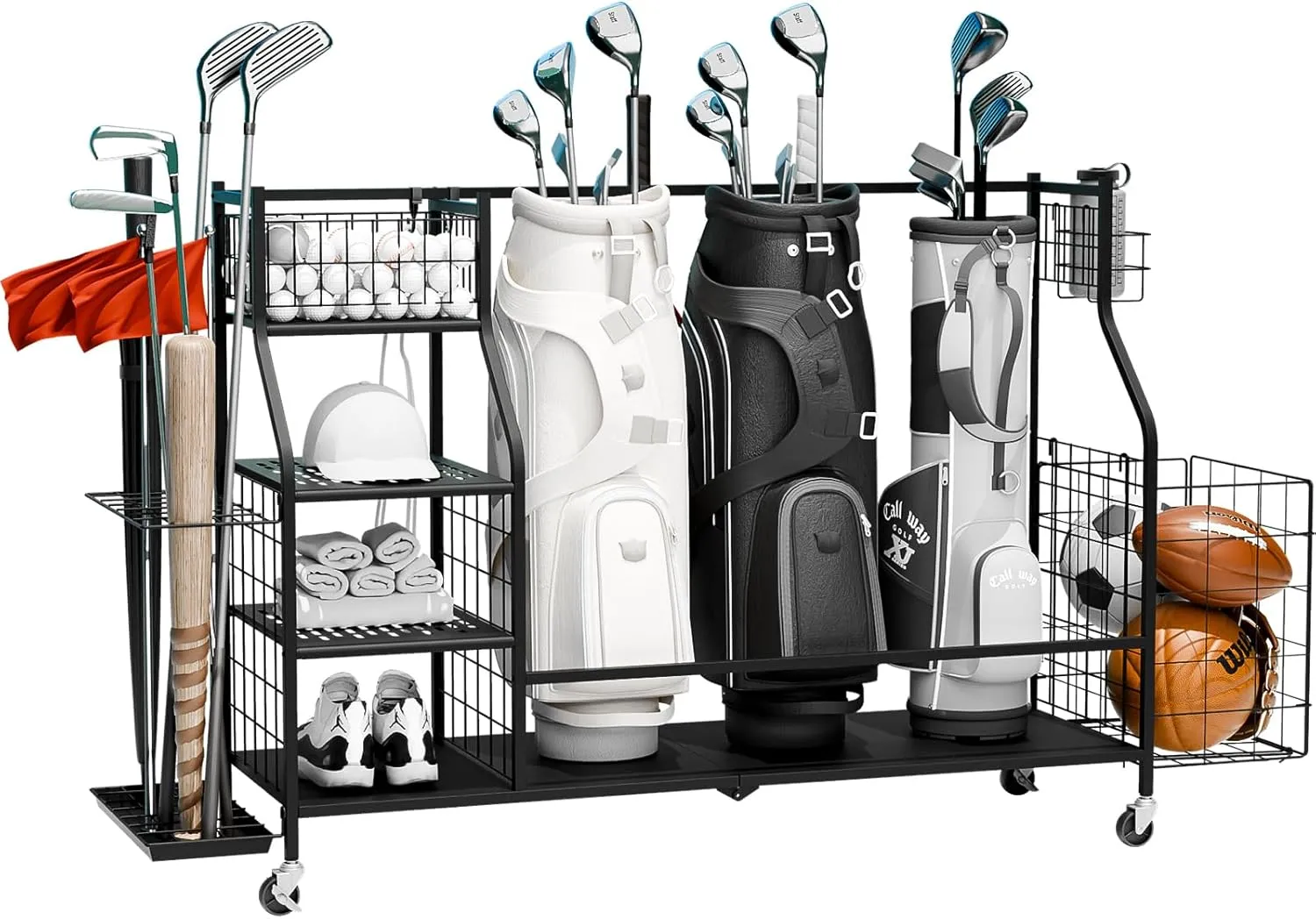 SEALAMB Golf Bag Storage Organizer, Golf Bag and Equipment Storage Rack with Wheels, Golf Bag Organizer with Side Storage for Golf Equipment Accessories