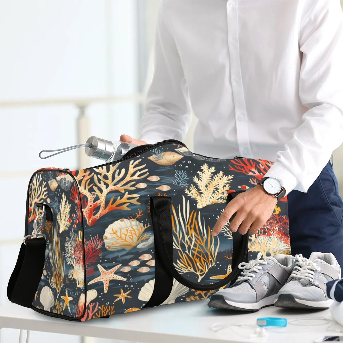 Seashell Starfish Travel Duffle Bag, Sports Gym Bags for Women Men, Carry On Weekender Overnight Bag, Nautical Coastal Workout Hospital Airplane Trips Bag