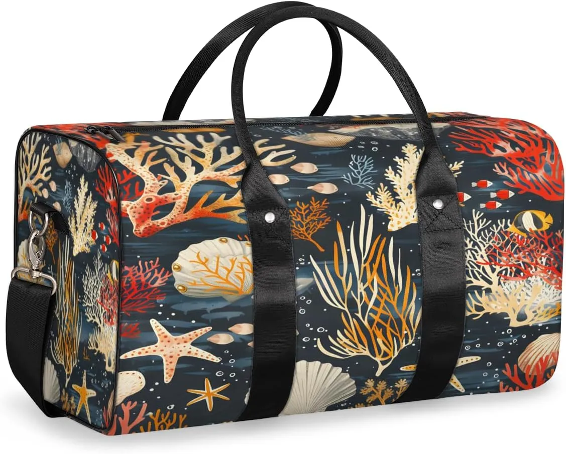 Seashell Starfish Travel Duffle Bag, Sports Gym Bags for Women Men, Carry On Weekender Overnight Bag, Nautical Coastal Workout Hospital Airplane Trips Bag