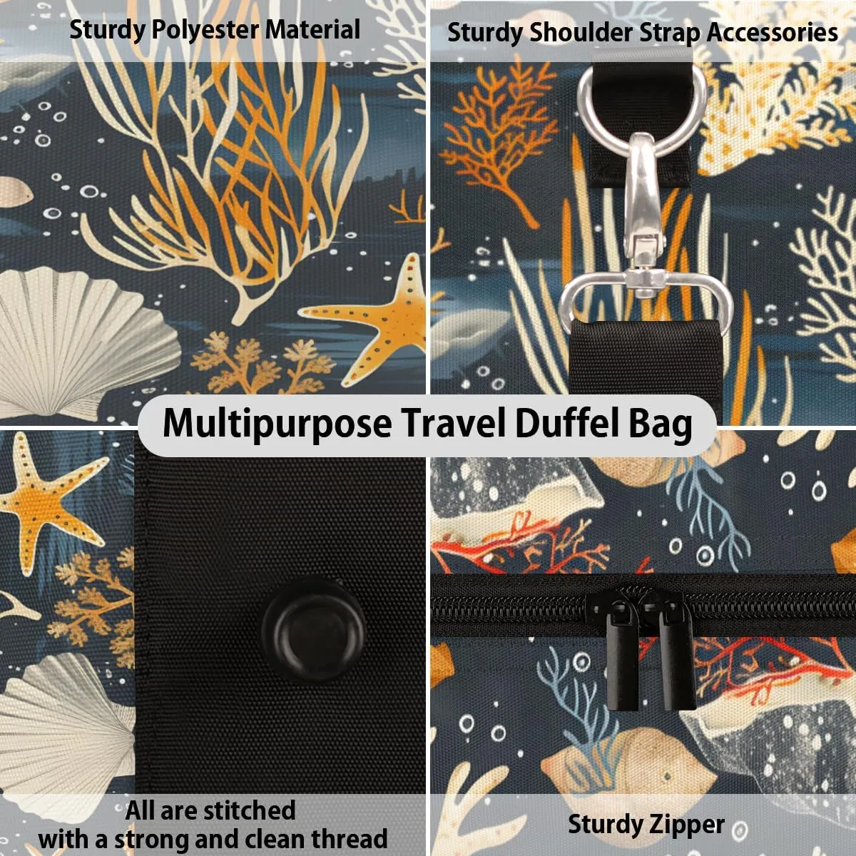 Seashell Starfish Travel Duffle Bag, Sports Gym Bags for Women Men, Carry On Weekender Overnight Bag, Nautical Coastal Workout Hospital Airplane Trips Bag