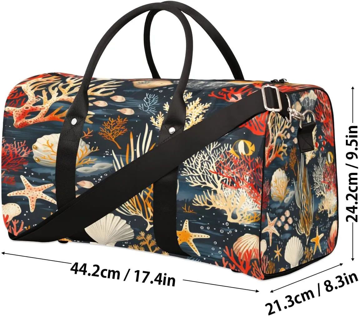 Seashell Starfish Travel Duffle Bag, Sports Gym Bags for Women Men, Carry On Weekender Overnight Bag, Nautical Coastal Workout Hospital Airplane Trips Bag