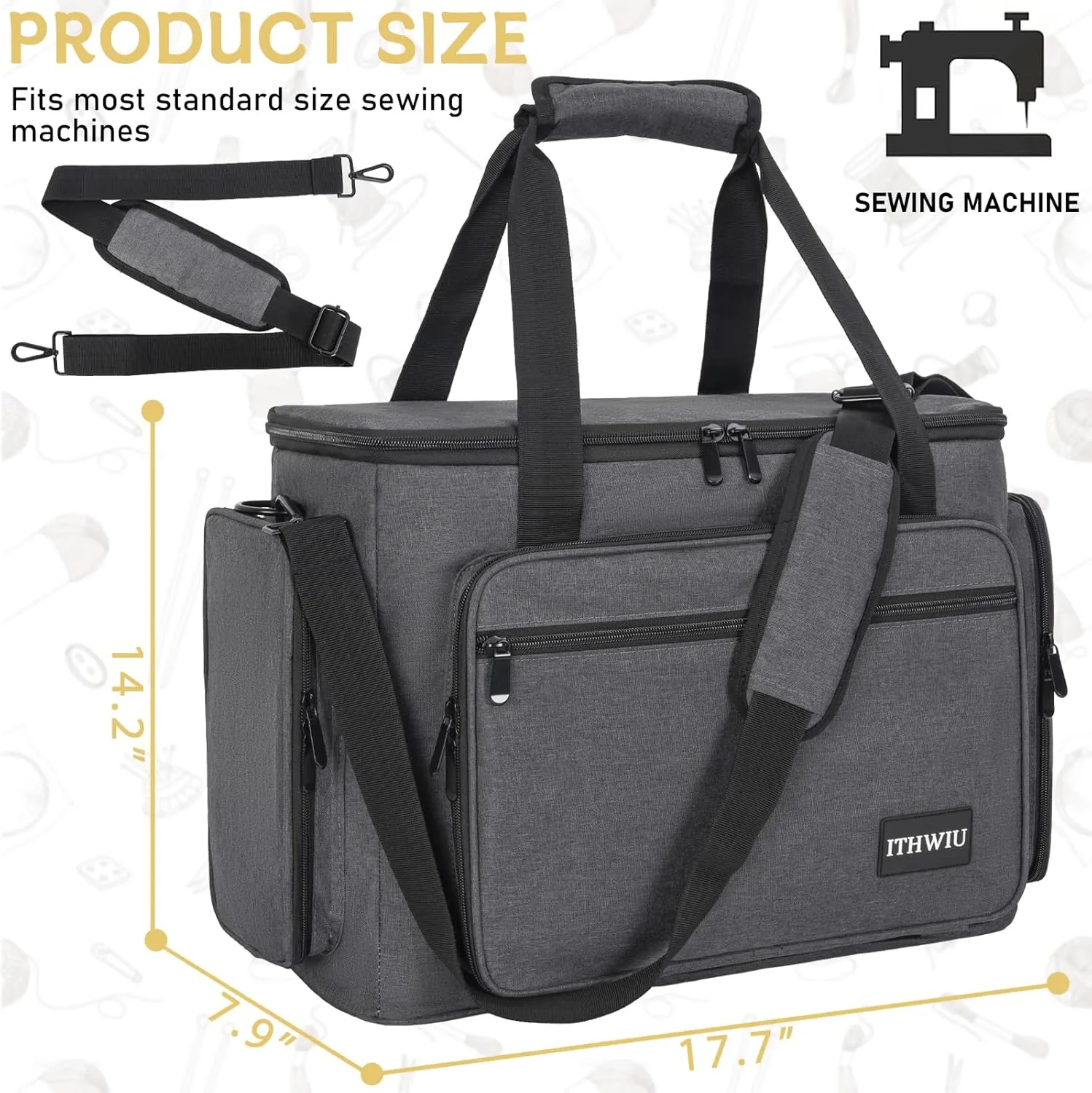 Sewing Machine Carrying Case with Multiple Storage Pockets for Accessories, Universal Tote Storage Bag
