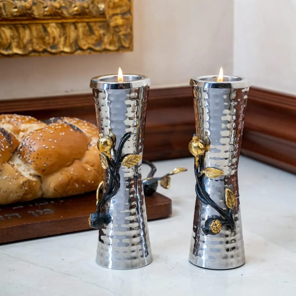 Shabbat Candlestick Holders - Pomegranate Branch Accent Decor - Jewish Judaica Gift (7 Inch CSZ-1)