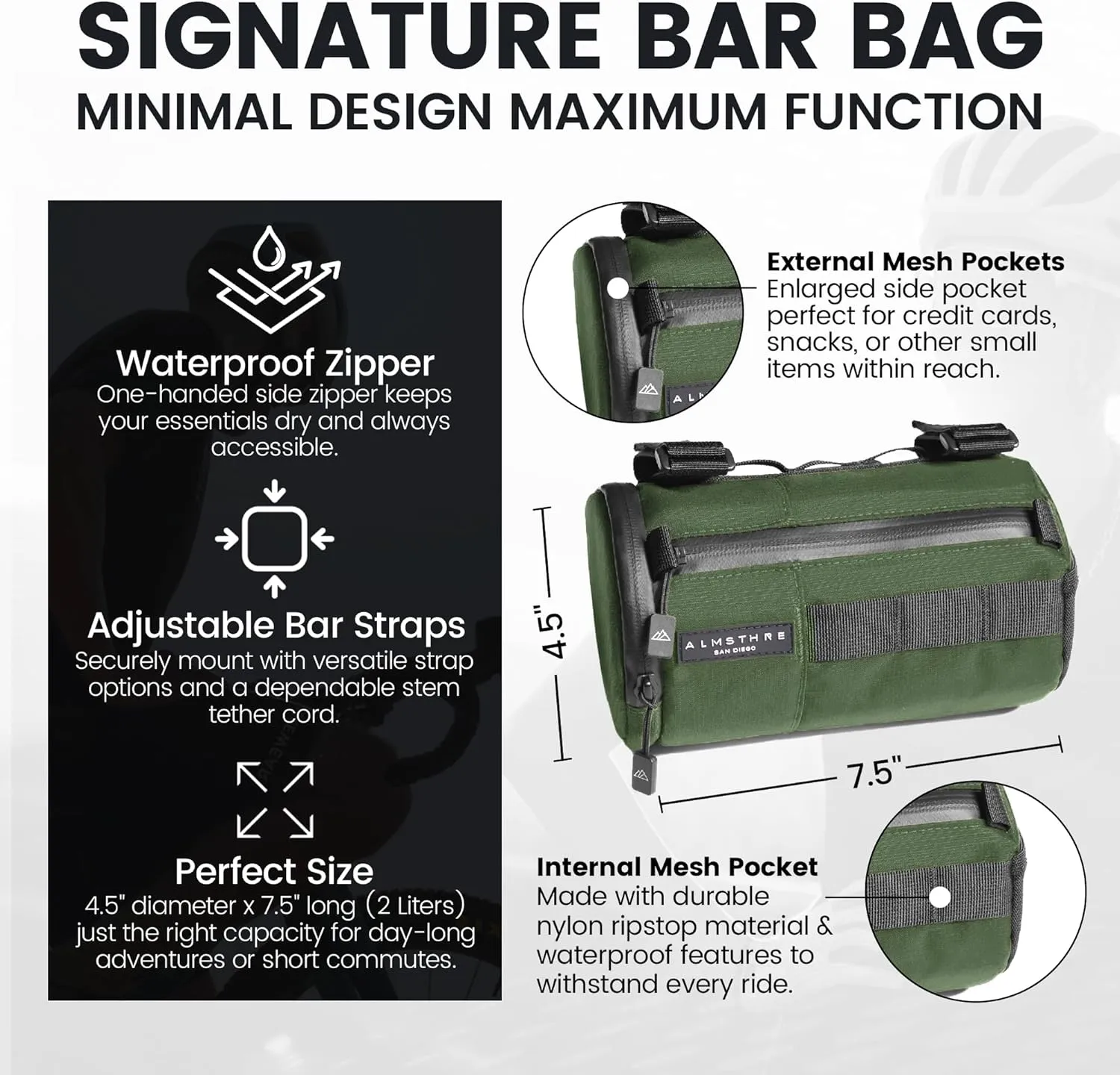 Signature Bar Bag – Hunter Green | Hard-Shell Bike Handlebar Bag with Waterproof Zippers & Adjustable Straps | Lightweight Bicycle Handlebar Bag, Compatible with Road, Gravel & MTB Bikes