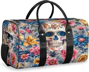 Skull Floral Travel Duffle Bag, Sports Gym Bags for Women Men, Carry On Weekender Overnight Bag, Skeleton Floral Day of The Dead Workout Hospital Airplane Trips Bag