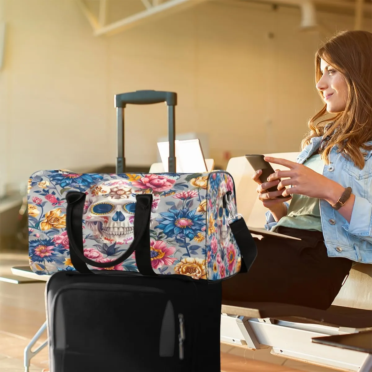 Skull Floral Travel Duffle Bag, Sports Gym Bags for Women Men, Carry On Weekender Overnight Bag, Skeleton Floral Day of The Dead Workout Hospital Airplane Trips Bag