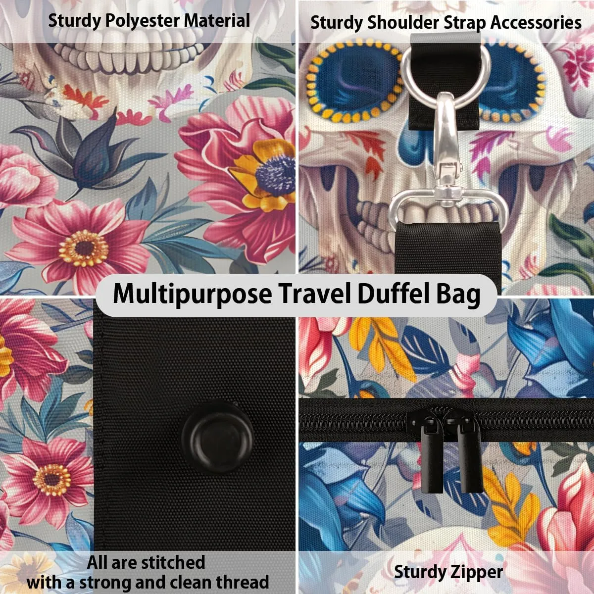 Skull Floral Travel Duffle Bag, Sports Gym Bags for Women Men, Carry On Weekender Overnight Bag, Skeleton Floral Day of The Dead Workout Hospital Airplane Trips Bag