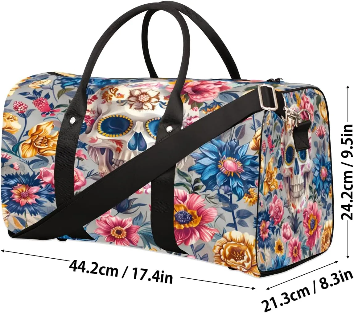 Skull Floral Travel Duffle Bag, Sports Gym Bags for Women Men, Carry On Weekender Overnight Bag, Skeleton Floral Day of The Dead Workout Hospital Airplane Trips Bag