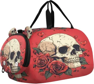 Skull with Roses Kids Overnight Sports Duffel Bags with Shoe Compartment & Wet Pocket Travel Sport Gym Bag for Girls Boys