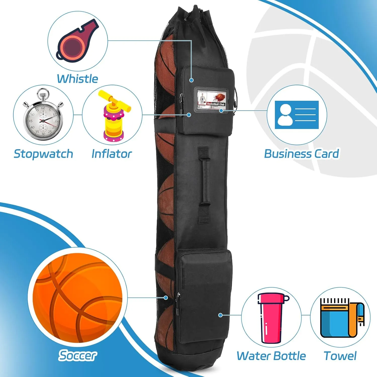 Skureay Basketball Bag for Team Balls, Heavy Duty Basketball Coashes Bag - 5 Basketballs Mesh Bag for Coaching/Basketabll Accessories