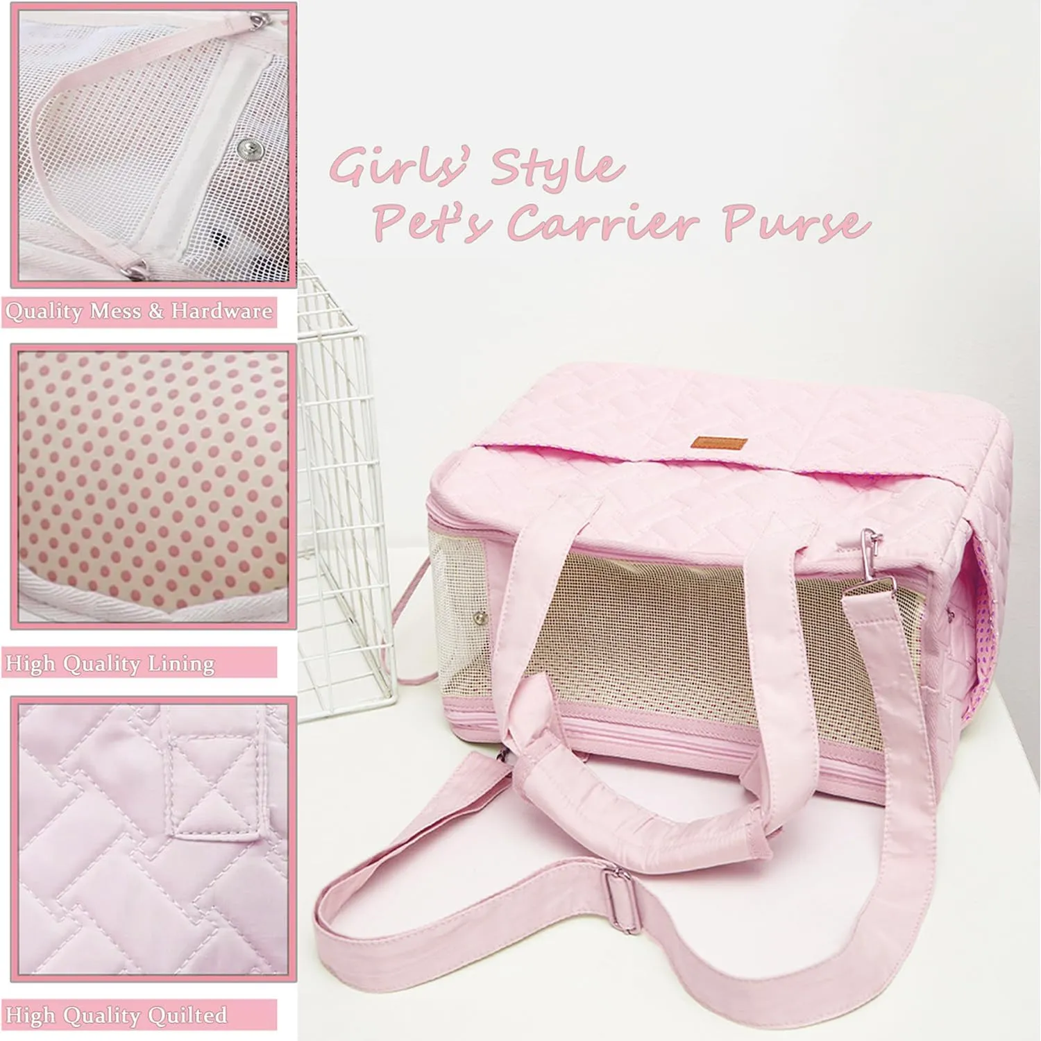 Small Puppy Carrier Bag,Woman Style,Pups Purse Kitty,Multiple Pockets,Breathable Mesh,Pets Totes Travel,Picnic,Outdoor,MAX 6 lb (Pink, Small)