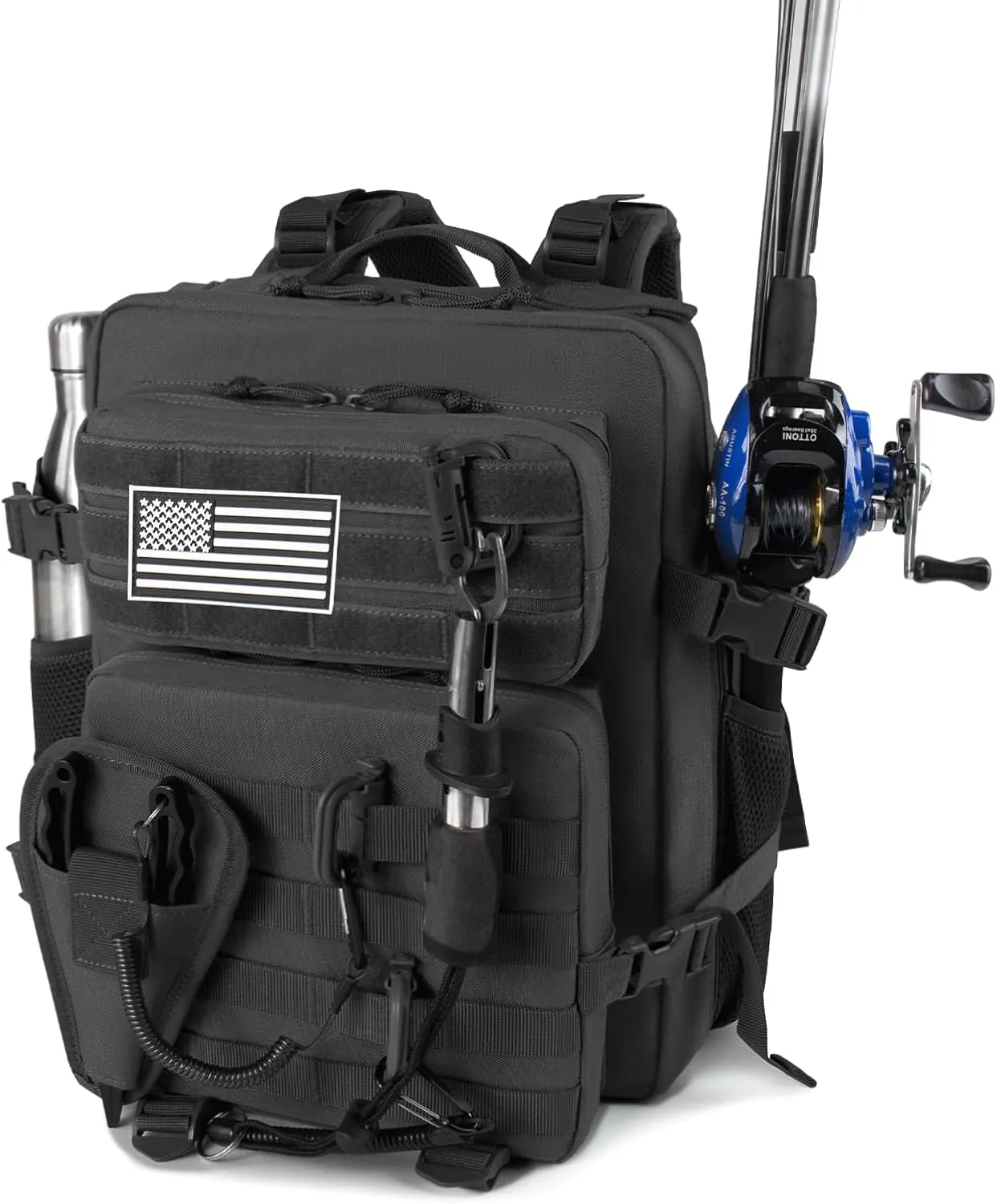 Small Tactical Fishing Tackle Backpack with Removable Plier Holder & Rod Holders Storage Fishing Gear and Equipment Tackle Bag 25l Lightweight Hiking Backpack Black without Tackle Boxes
