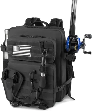 Small Tactical Fishing Tackle Backpack with Removable Plier Holder & Rod Holders Storage Fishing Gear and Equipment Tackle Bag 25l Lightweight Hiking Backpack Black without Tackle Boxes