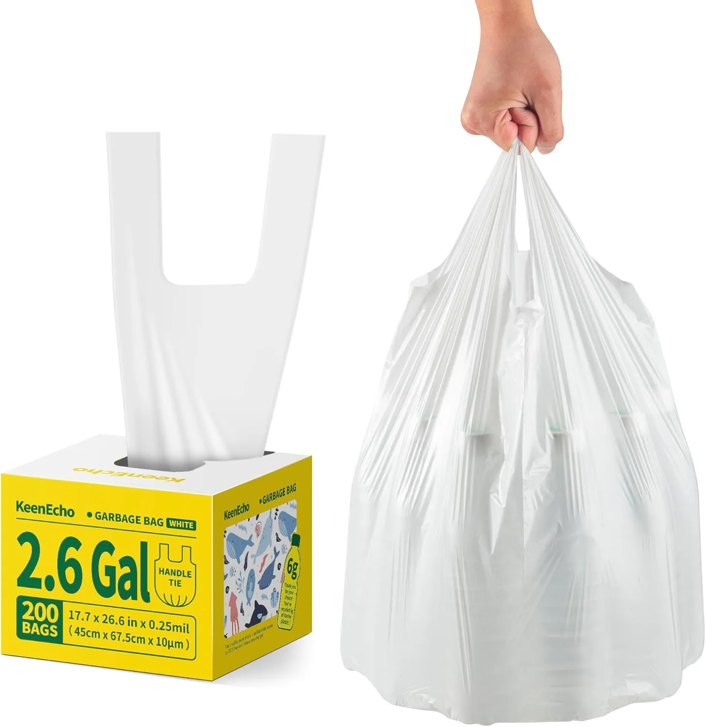 Small Trash Bags with Handles (1.2/2/3/4/6/8/13 Gallon) - Ocean Plastic Upcycling - Plastic Garbage Bags, Can Bin & Waste Basket Liner for Kitchen, Bathroom, Office and Pets