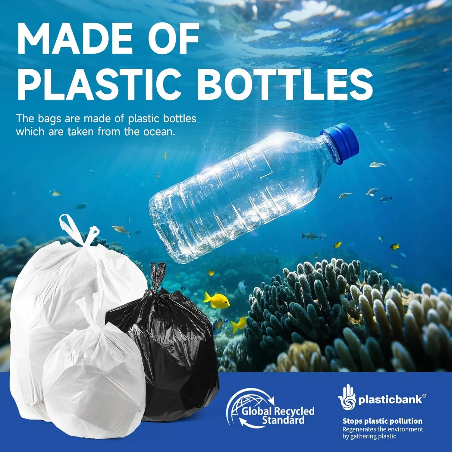 Small Trash Bags with Handles (1.2/2/3/4/6/8/13 Gallon) - Ocean Plastic Upcycling - Plastic Garbage Bags, Can Bin & Waste Basket Liner for Kitchen, Bathroom, Office and Pets