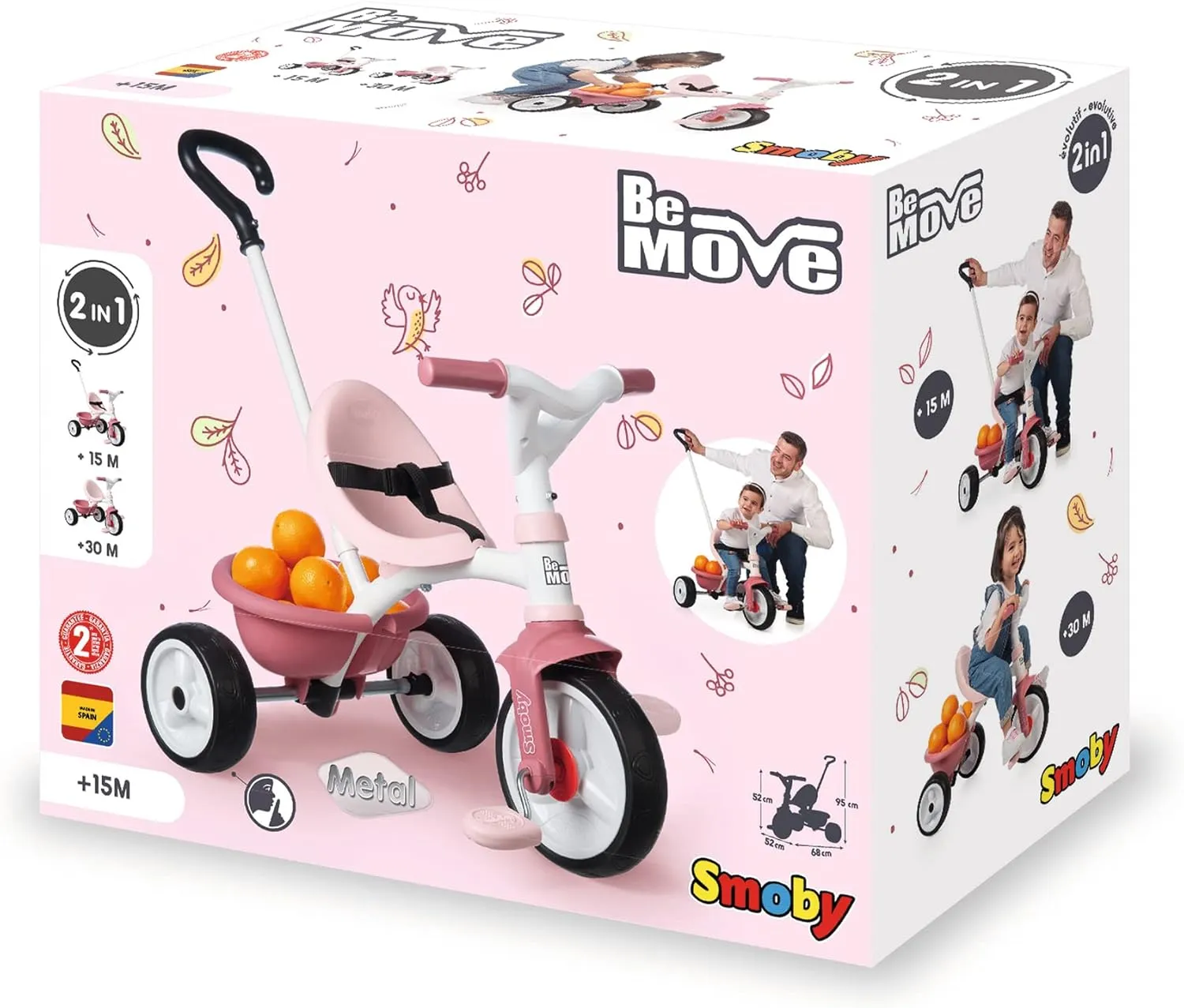 Smoby Tricycle - Pink, Metal, 68 x 52 x 52 cm, Suitable for Children 15 Months , Unisex, Made in Spain