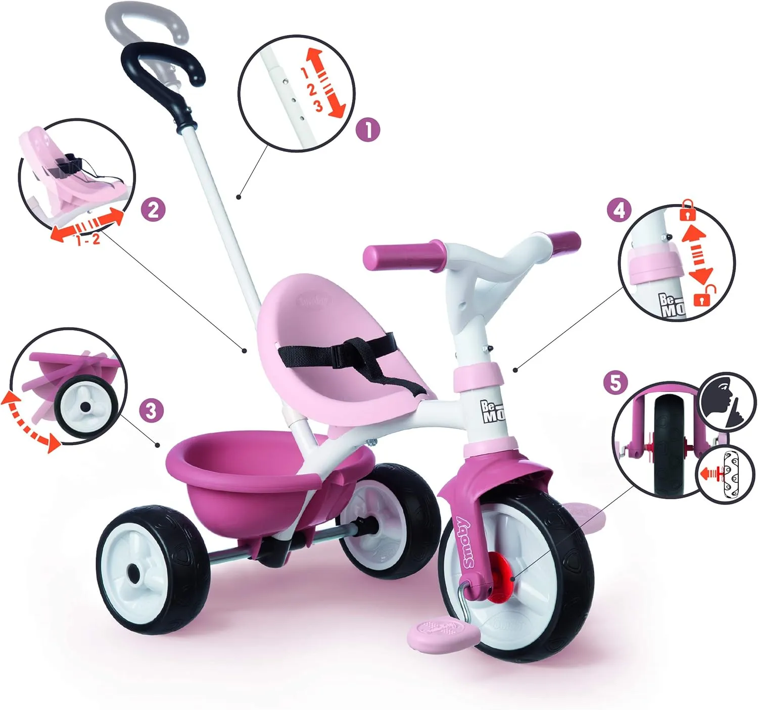 Smoby Tricycle - Pink, Metal, 68 x 52 x 52 cm, Suitable for Children 15 Months , Unisex, Made in Spain