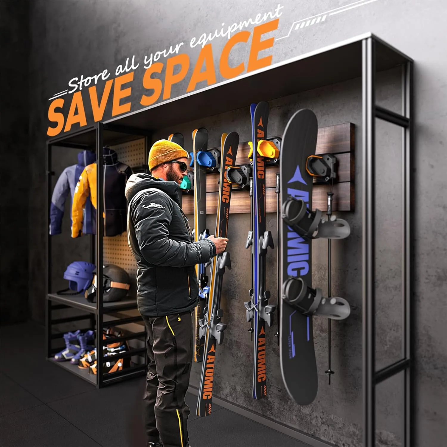Snowboard Wall Rack for Garage - Fits Any Ski/Board, Damage-Free Storage Mount Holders, Space-Saving Winter Gear Organizer