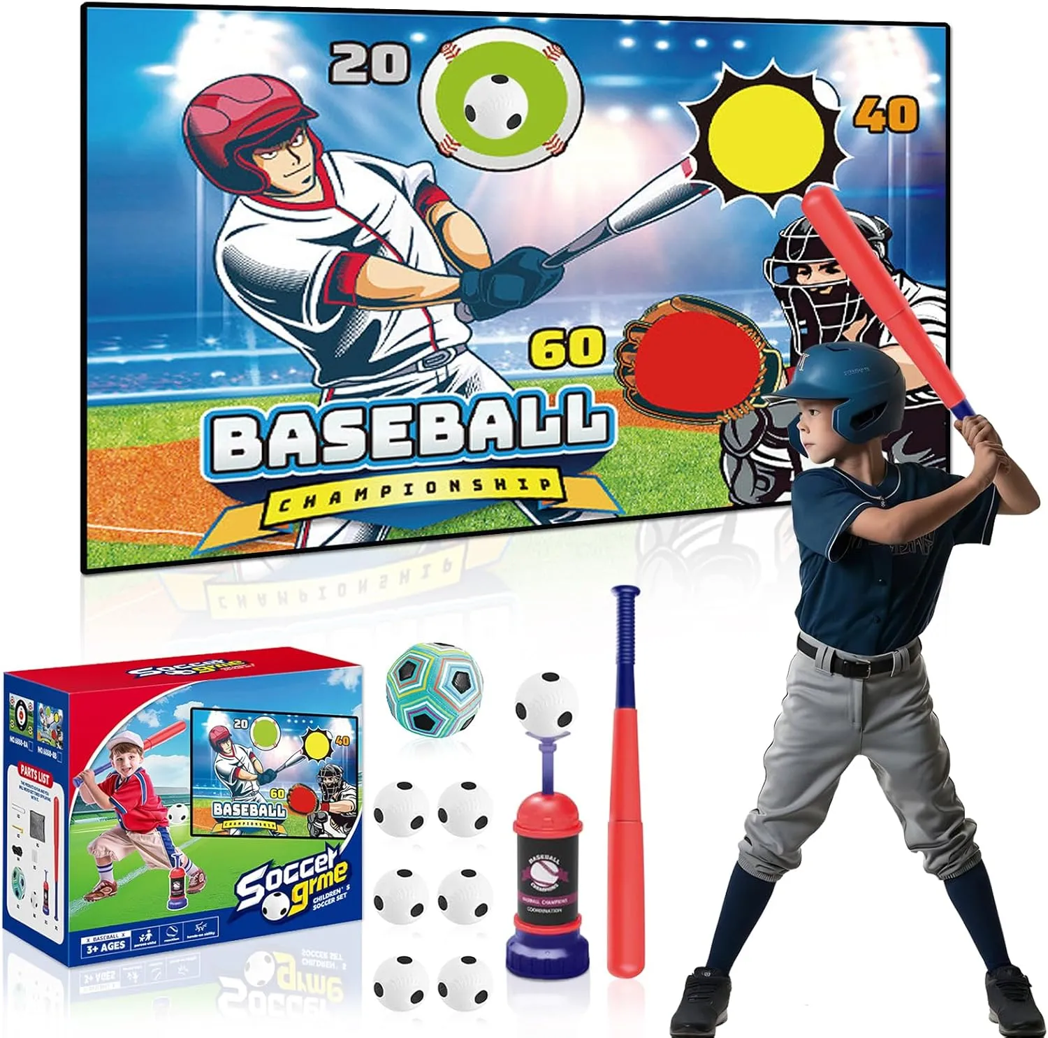 Soccer Game T-Ball Set for Kids, Indoor Outdoor Backyard Toss Soccer Goal Stuff with Sticky Balls & Fun Toddler Tee Ball Set, Improves Batting Skills for Boys & Girls, Gift Sets for Children Aged 3-12