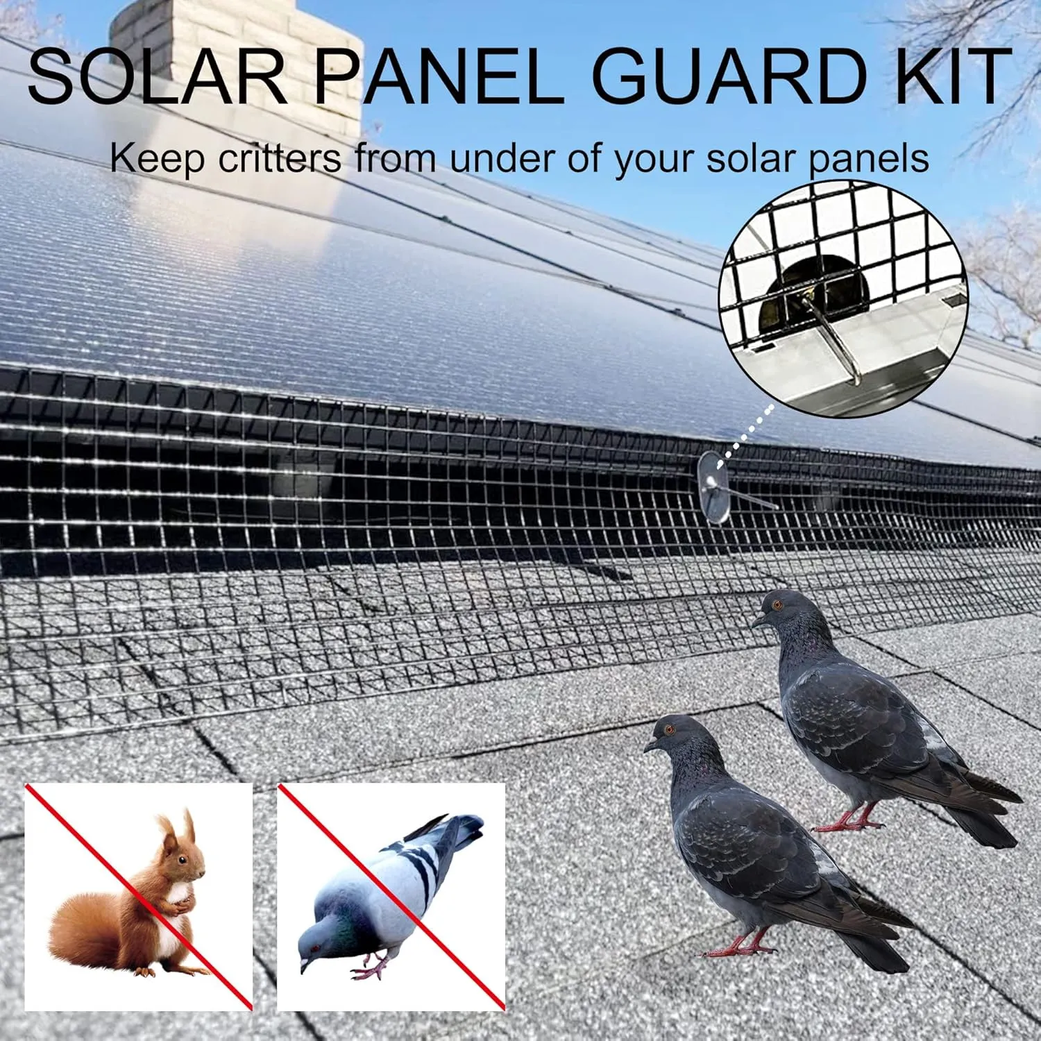 Solar Panel Guard, 6in X 100ft PVC Coated Critter Guard Roll Kit for Solar Panel Wire Screen, Black Pigeon Barrier Netting with 120 Fastener Clips, Cutting Scissor, Gloves