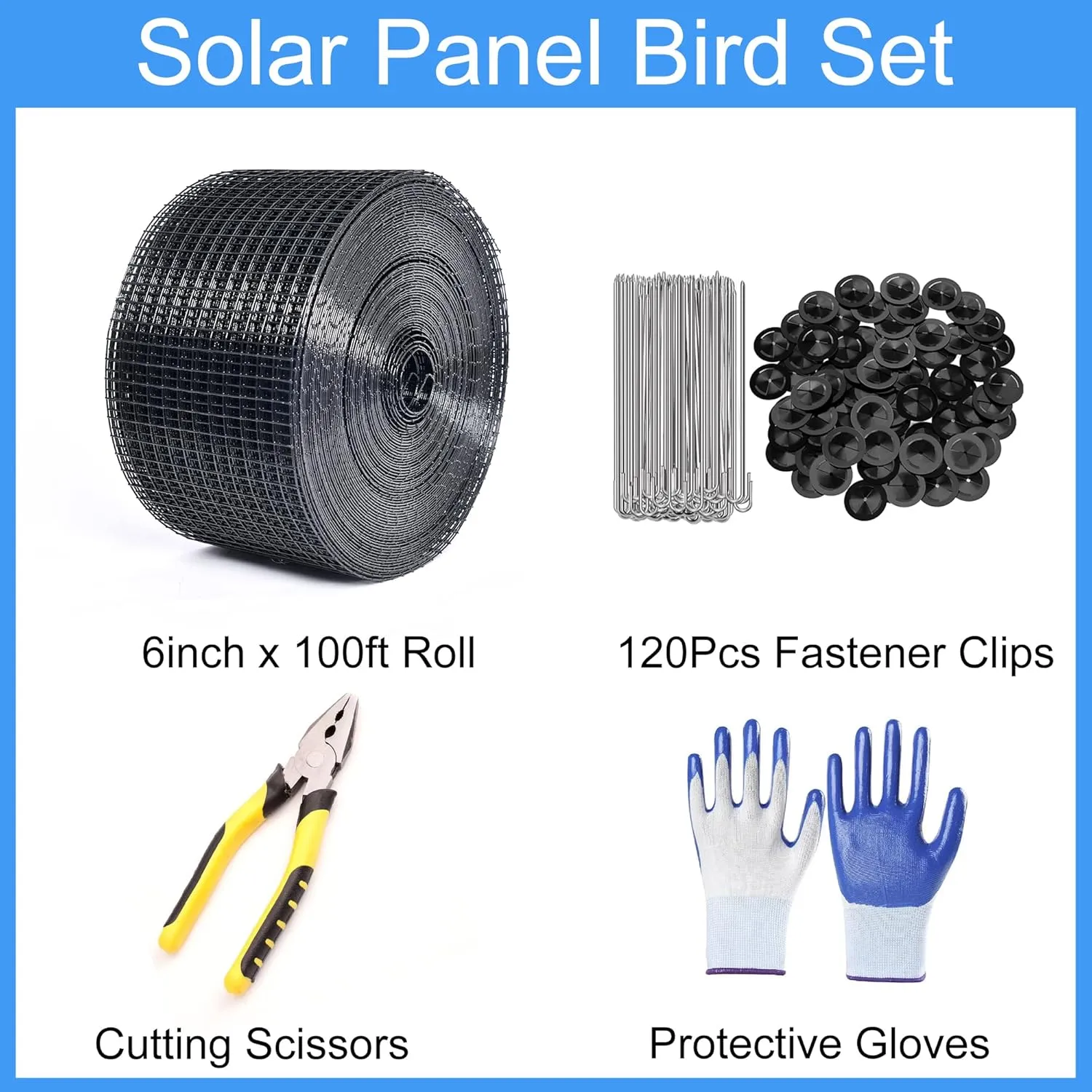 Solar Panel Guard, 6in X 100ft PVC Coated Critter Guard Roll Kit for Solar Panel Wire Screen, Black Pigeon Barrier Netting with 120 Fastener Clips, Cutting Scissor, Gloves