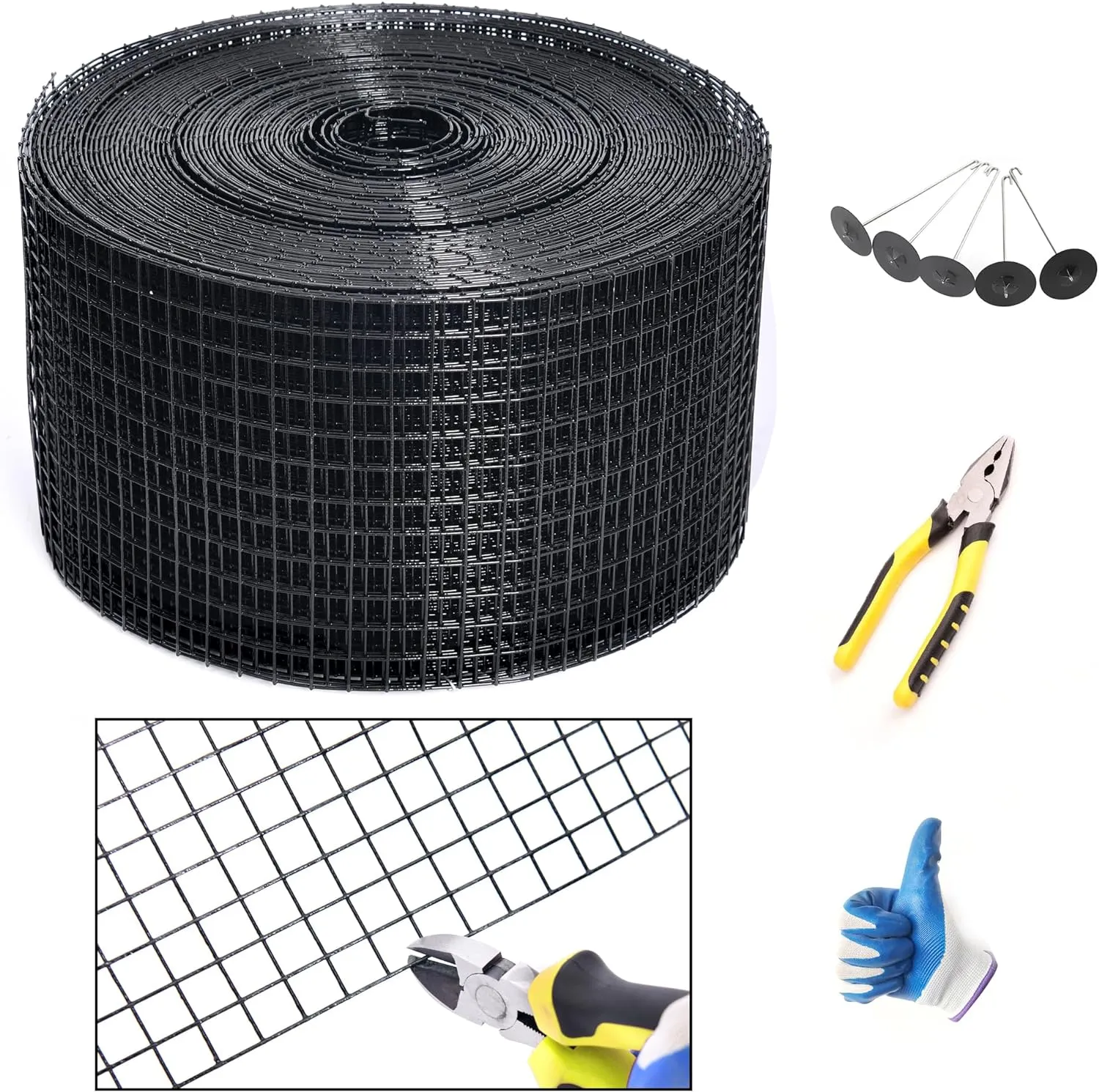 Solar Panel Guard, 6in X 100ft PVC Coated Critter Guard Roll Kit for Solar Panel Wire Screen, Black Pigeon Barrier Netting with 120 Fastener Clips, Cutting Scissor, Gloves