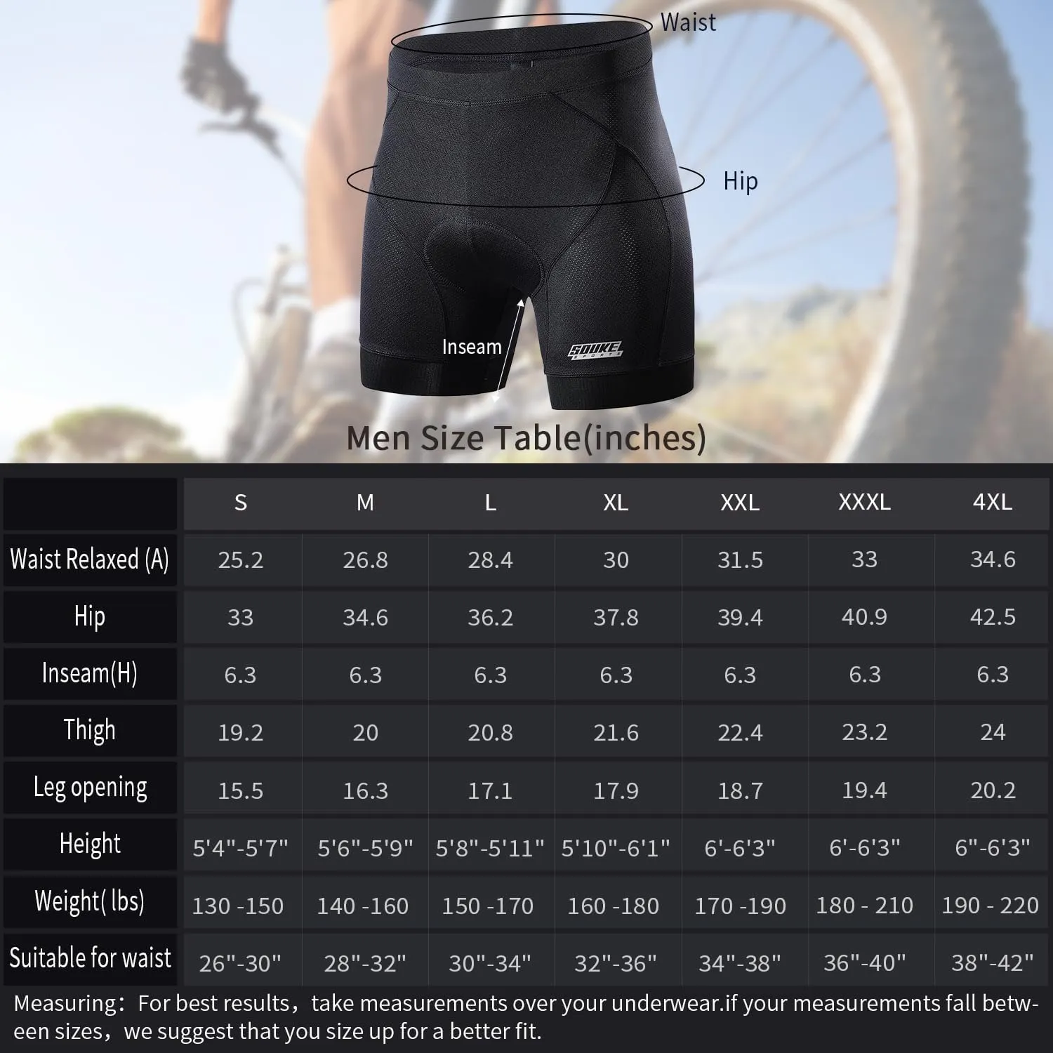 Souke Sports Men's Cycling Underwear Shorts 4D Padded Bike Bicycle MTB Liner Shorts with Anti-Slip Leg Grips