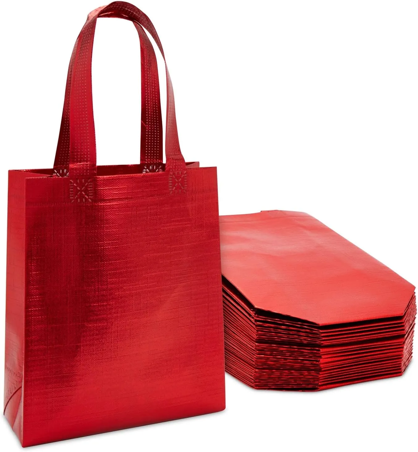 Sparkle and Bash 20-Pack Non-Woven Reusable Shopping Bags with Handles, 8x3.9x10-Inch Metallic Red Tote for Groceries and Gifts