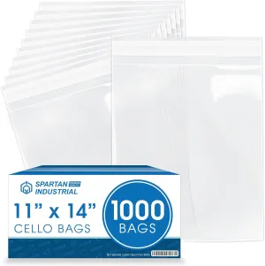Spartan Industrial - 11" X 14" (1000 Count) Crystal Clear Resealable Cello Poly Bags for Packaging, Clothing & T Shirts - Self Seal & Reinforced