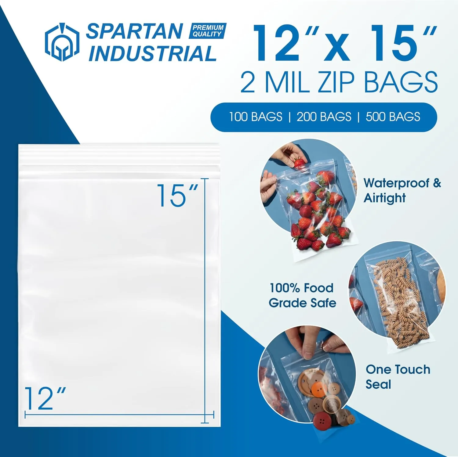 Spartan Industrial - 12” X 15” (200 Count) 2 Mil Clear Reclosable Zip Plastic Poly Bags with Resealable Lock Seal Zipper