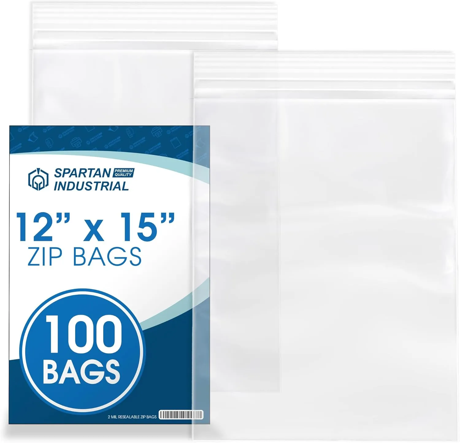 Spartan Industrial - 12" X 15" (100 Count) 2 Mil Clear Reclosable Zip Plastic Poly Bags with Resealable Lock Seal Zipper