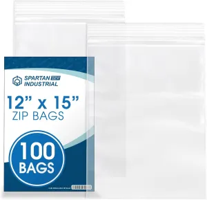 Spartan Industrial - 12" X 15" (100 Count) 2 Mil Clear Reclosable Zip Plastic Poly Bags with Resealable Lock Seal Zipper